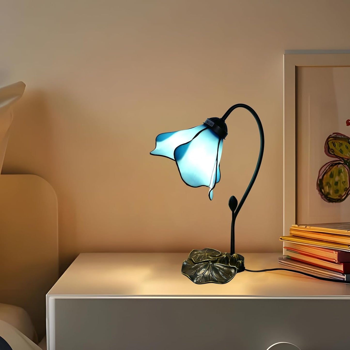 Tiffany Table Lamp Blue Lotus Stained Glass Lamp 8" Wide 14" Tall Bedside Table Light Desk Lamps Vintage Reading Lamp with Color Changing LED Bulb