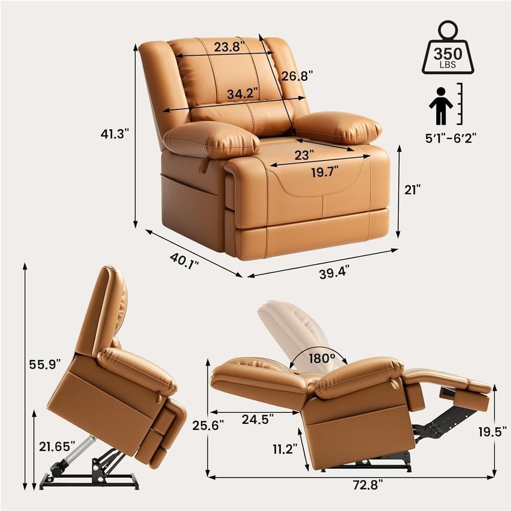 Power Lift Recliner Chair for Elderly Brown Breathable Leather Lay Flat Sleeper with Heat and Massage Infinite Position Lounge Sofa USB Ports for Living Room & Home Theater