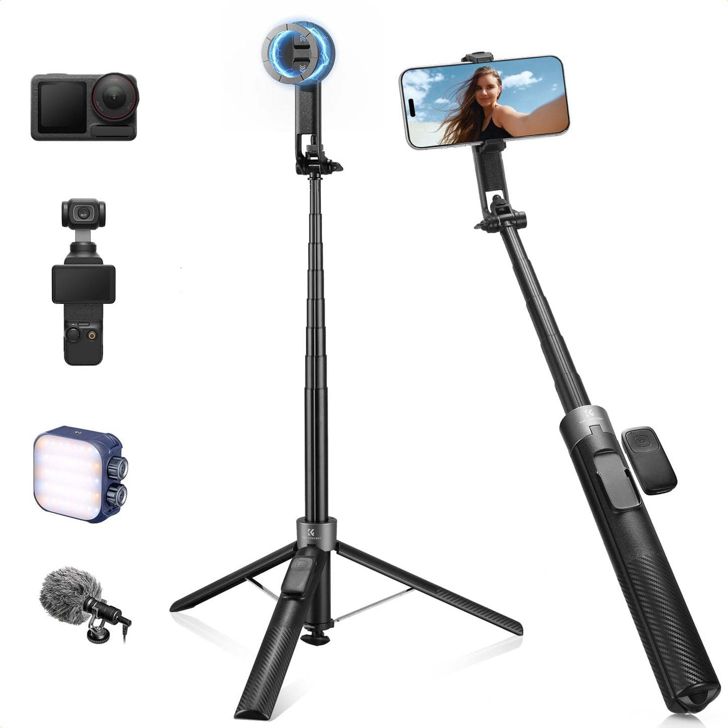 K&F CONCEPT Popod 72" Phone Tripod, 3-in-1 Clip & Magnetic Selfie Stick with Remote, Automatic Phone Tripod Stand, Compatible with iPhone 17-12 Series Pocket 3 Android Phones 1/4" Screw Accessories
