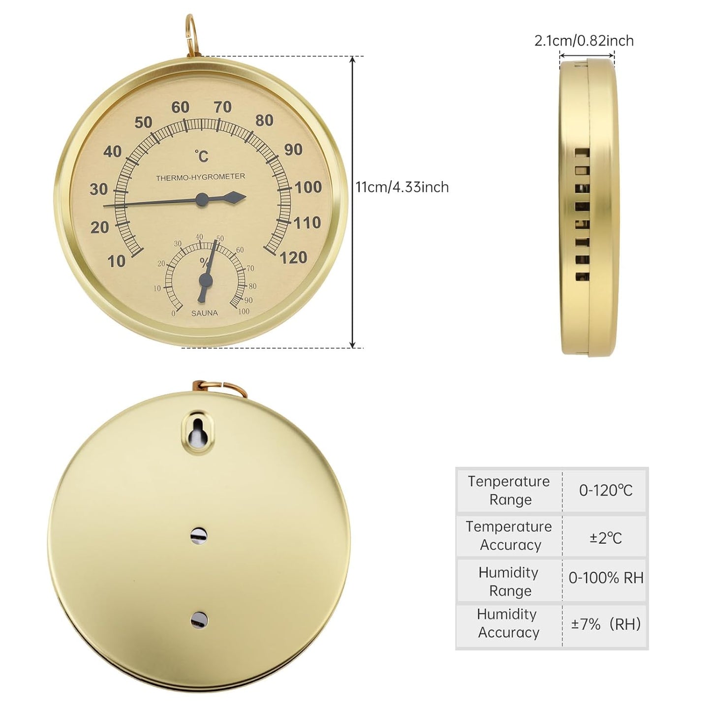 Analog Hygrometer Thermometer for Indoor Weather Dial Gauge Indicator Temperature and Humidity Monitor Hanging Hygrometer for Wall, Table, Garden, Greenhouse or Office Decorative (Gold 4.3inch)