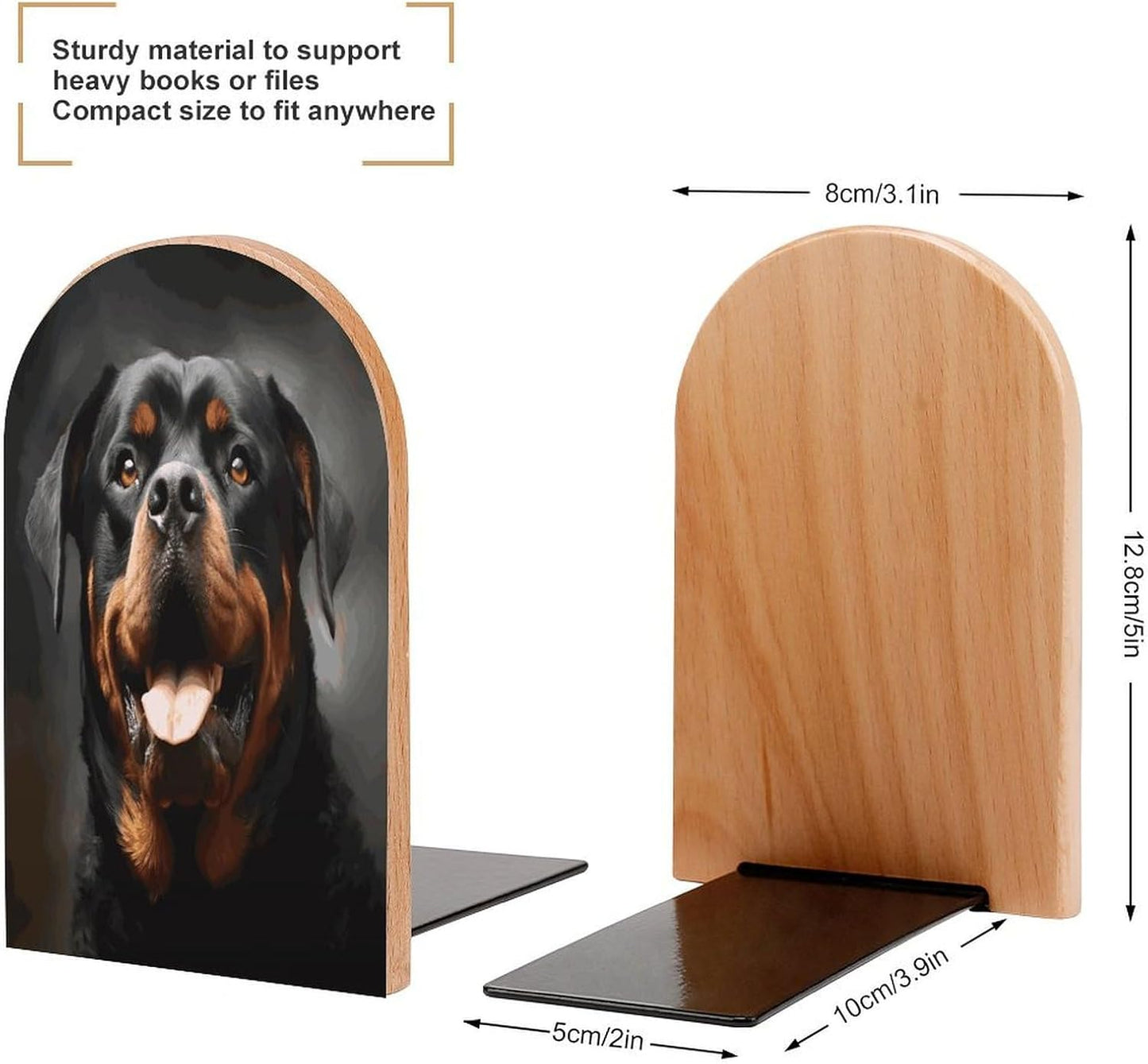 Cool Rottweiler Dog Art Bookends 1 Pair Heavy Duty Book Ends for Shelves Non-Skid Bookend Supports Wooden Book Holders with Metal Base Desk Organizers Books Storage to Hold Books
