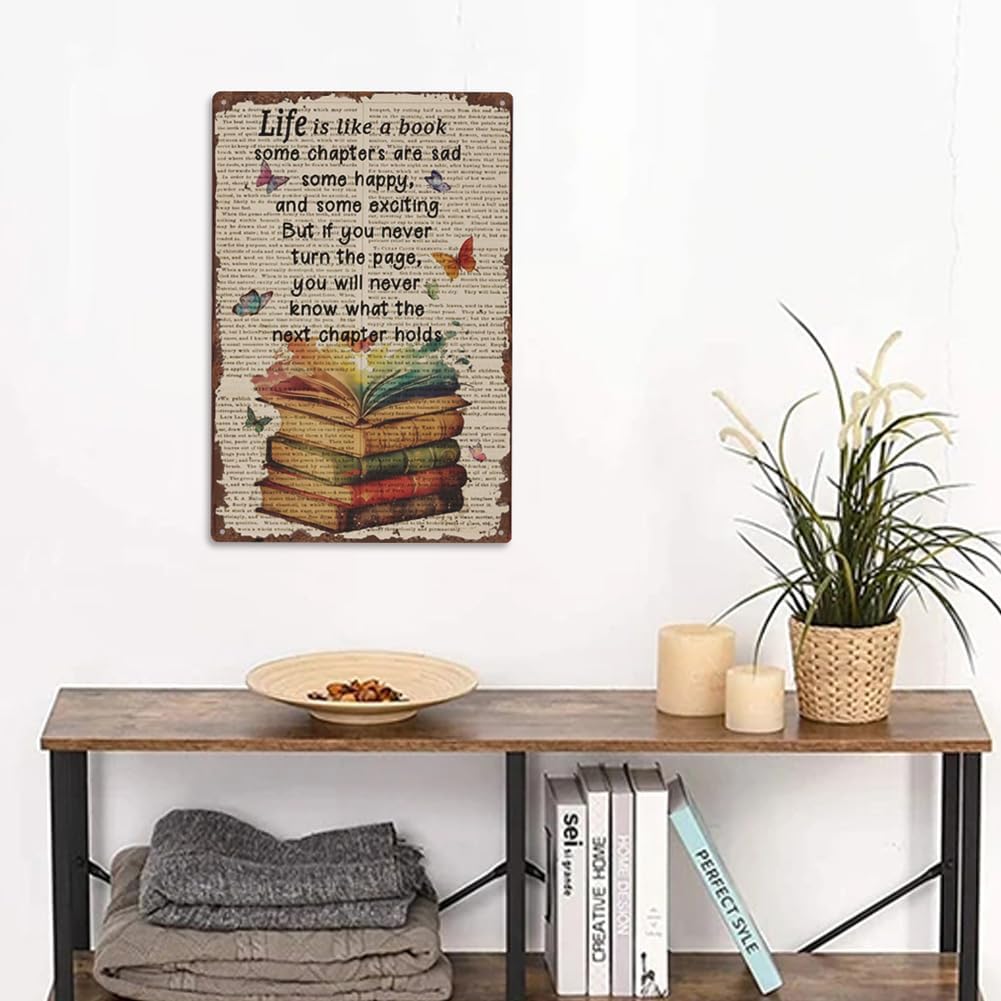 SUPERDANT Life is Like A Book Tin Signs Books Butterfly Metal Tin Sign Poster Motivational Text Vintage Art Decor for Classroom Library Cafe Coffee Bar Reading Room Plaque Home Bedroom Wall Decoration