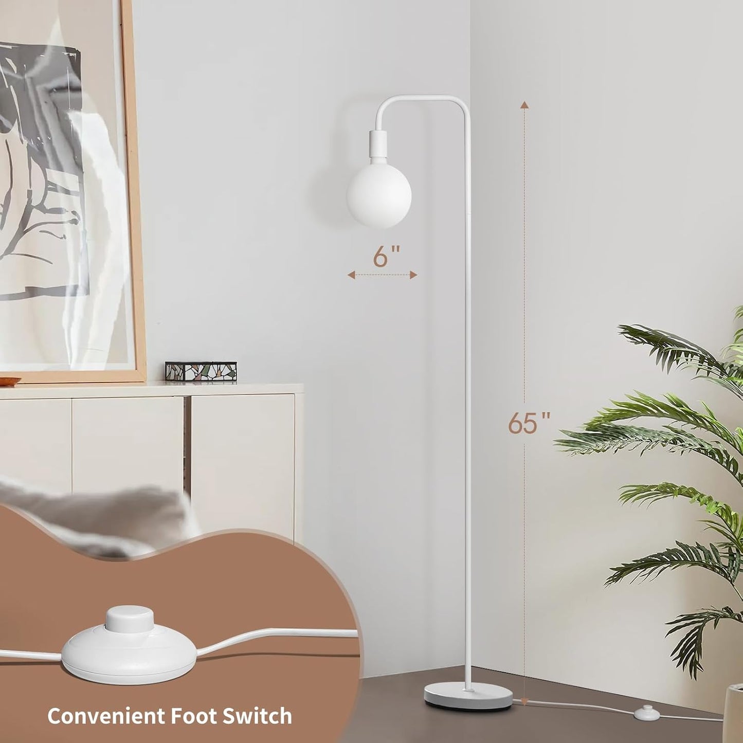 ONEWISH Floor Lamp for Living Room - Minimalist Standing Lamp with Modern LED Bulb, White Frosted Globe Glass 6", 1800K Warm Ambiant Lighting Decorative Tall Lamp for Bedroom Dorm