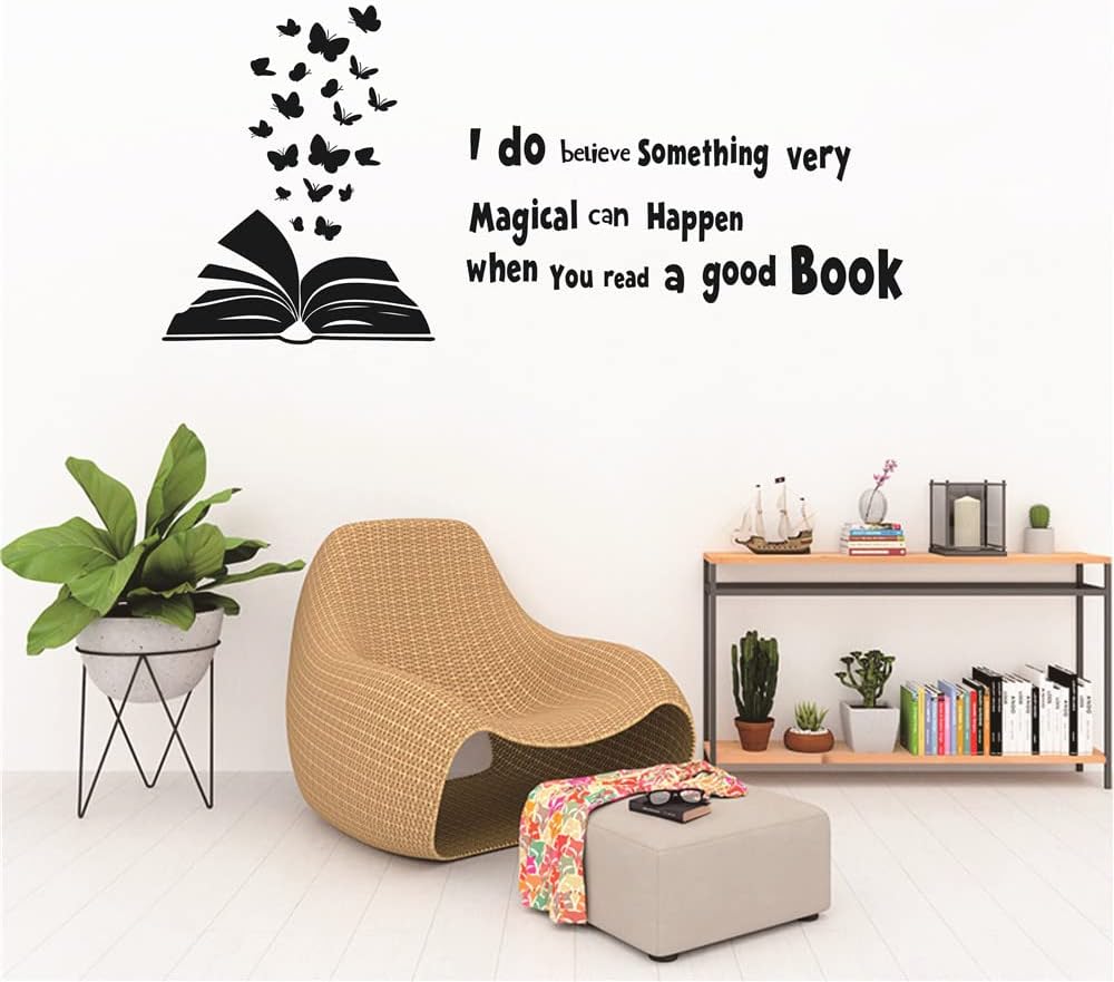 60x28 inches Reading Book Wall Decal Open Book Butterflies Reading Room Quote Wall Decoration I do Believe Something Very Magical can Happen Kids Children Study Bedroom Poster AFN03 (Black)