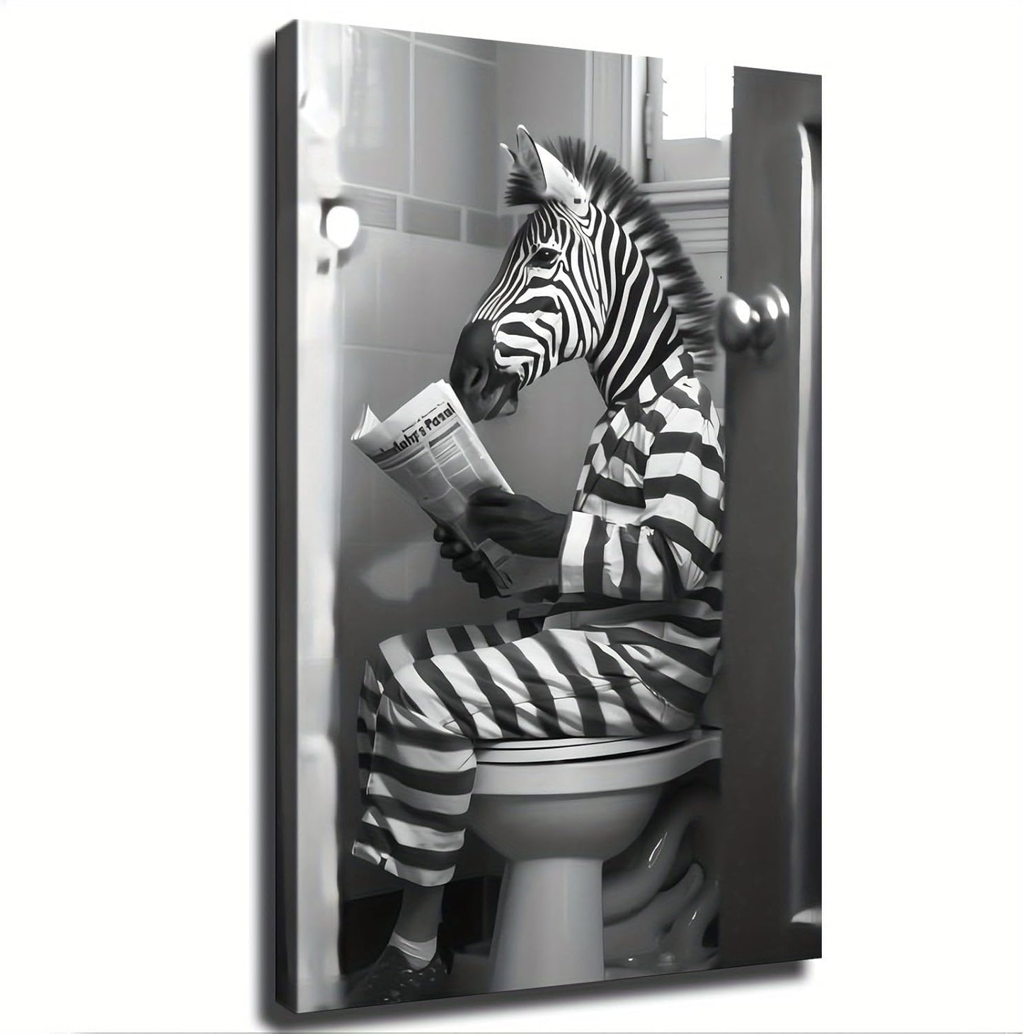 Black And White Wall Art Zebra Reading Newspaper In The Toilet Comical Canvas Wall Prints poster Modern Home Aesthetic Decor Wall art for Bedroom Dorm (Framed 08x12inch)