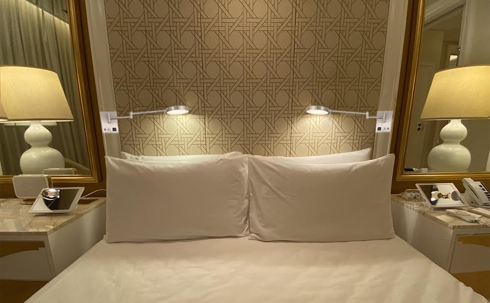 HomeFocus Swing Arm Wall Light,Bedside LED Reading Wall Light with USB Charging,Multi-Function Wall Lamp,Bedside Dimmable Wall Sconces,Adjustable LED Color and Brightness,Metal,Satin Nickel.