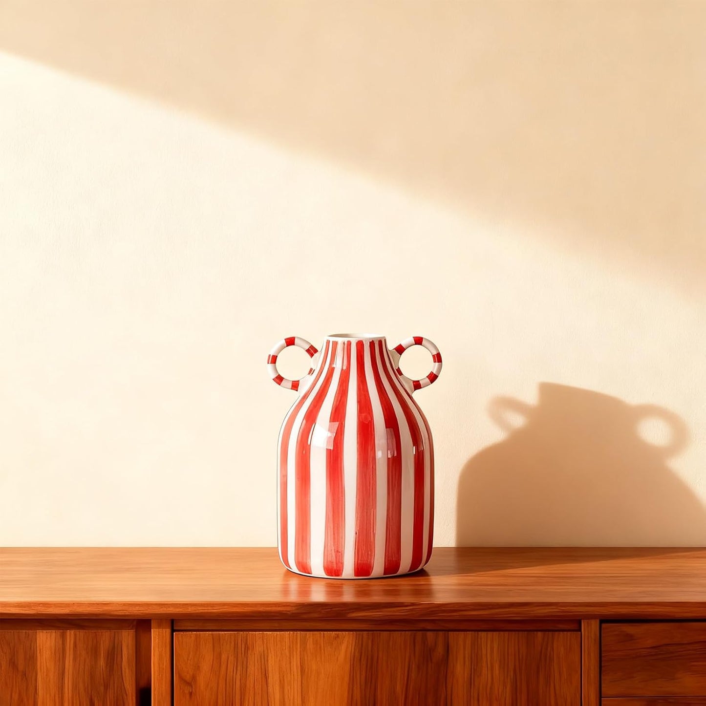 Ceramic Red and White Striped Vase with Handle, Modern Minimalist Christmas Accent Decor Home for Centerpieces for Tables, Kitchen Office, Bookshelf, Bedroom Aesthetic Decor (Red White)