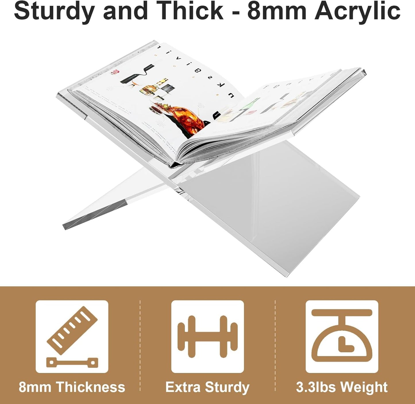 DDK Clear Acrylic Book Stand, 8mm Thick X-Frame Cookbook Holder, Recipe Book Display Stand for Bibles, Magazines, Tablets, Hands-Free Reading for Kitchen, Office, Home