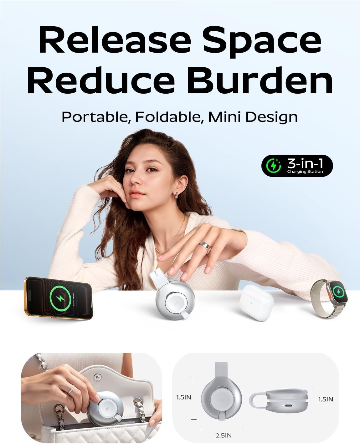 LISEN 15W Qi2 MagSafe Charger, Portable 3 in 1 Charging Station Apple Wireless Charger iPhone and Watch Charging Station, Magnetic Phone Charger iPhone Airpods Apple Watch Charger Fast Charging