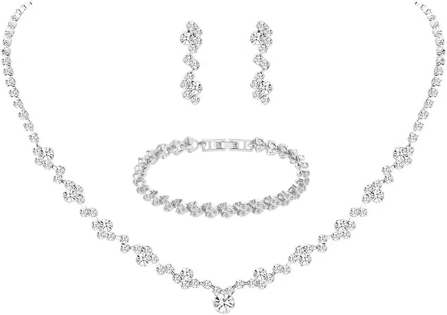 Crystal Wedding Jewelry Set, Silver Necklace Earrings Bracelet Crystal Bridal Wedding Jewelry Sets for Brides Bridesmaid Prom Costume Accessories