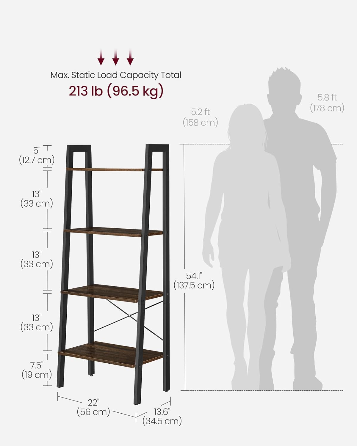 VASAGLE Ladder Shelf, 4-Tier Bookshelf, Storage Rack, Bookcase with Steel Frame, for Living Room, Home Office, Kitchen, Bedroom, Industrial Style, Hickory Brown and Ink Black ULLS44BF