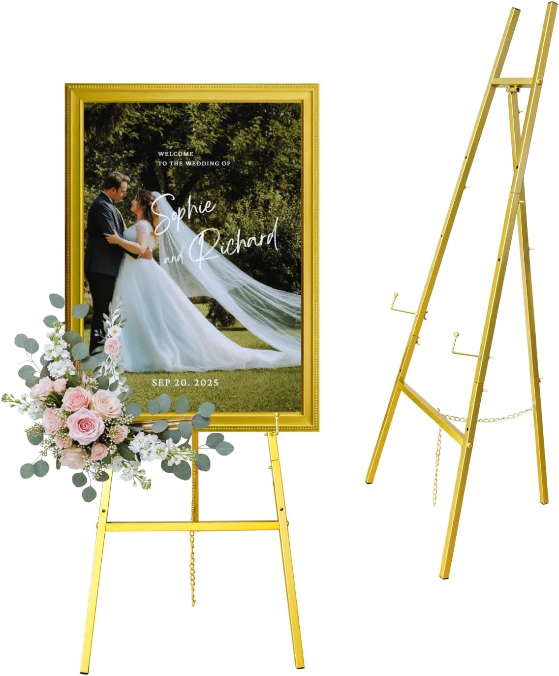 Gold Easel Stand for Sign – 47" Heavy Duty Metal Easel with 4-Tier Height & Adjustable Angle – Elegant Art Easel for Wedding Sign, Welcome Boards, Display, Event – Easy Assembly, Storage Bag Included