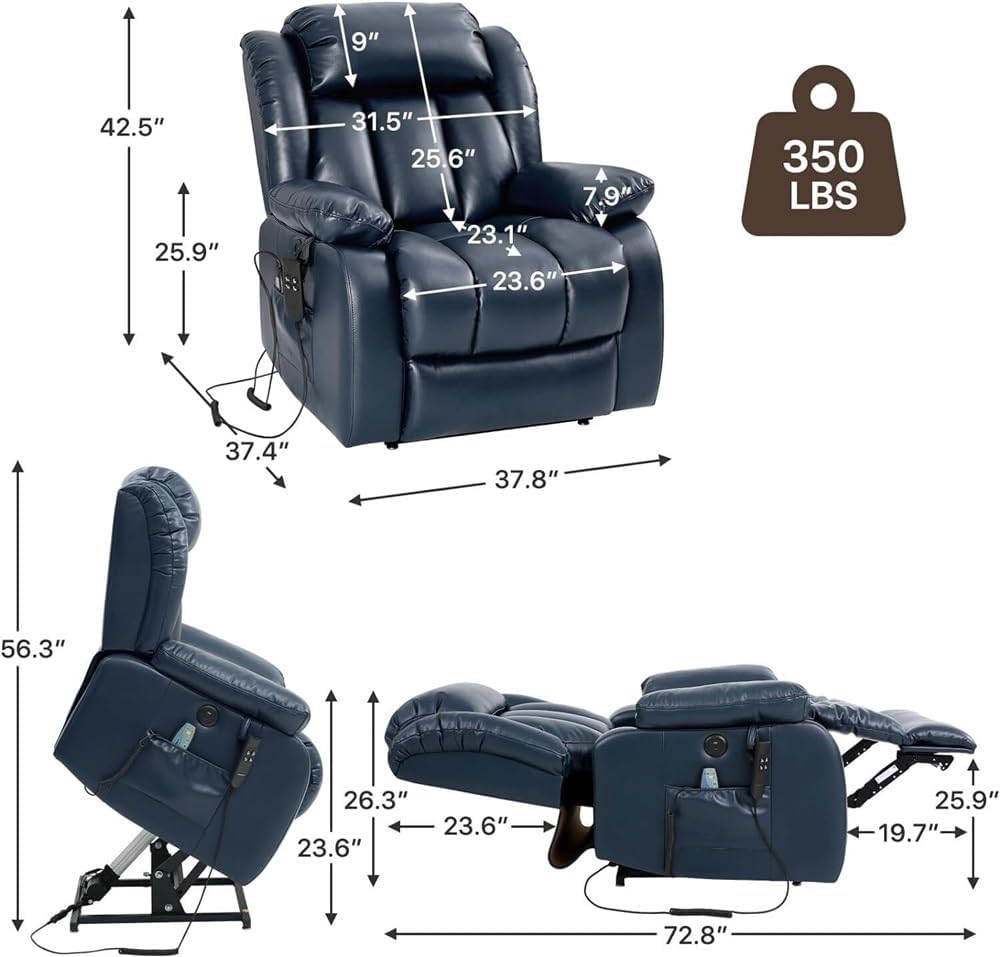 Electric Power Lift Recliner with Massage and Heat – Large Leather Sofa Chair, USB Charging Ports, Remote Control, Breathable Upholstery, Cup Holders for Elderly Living Room