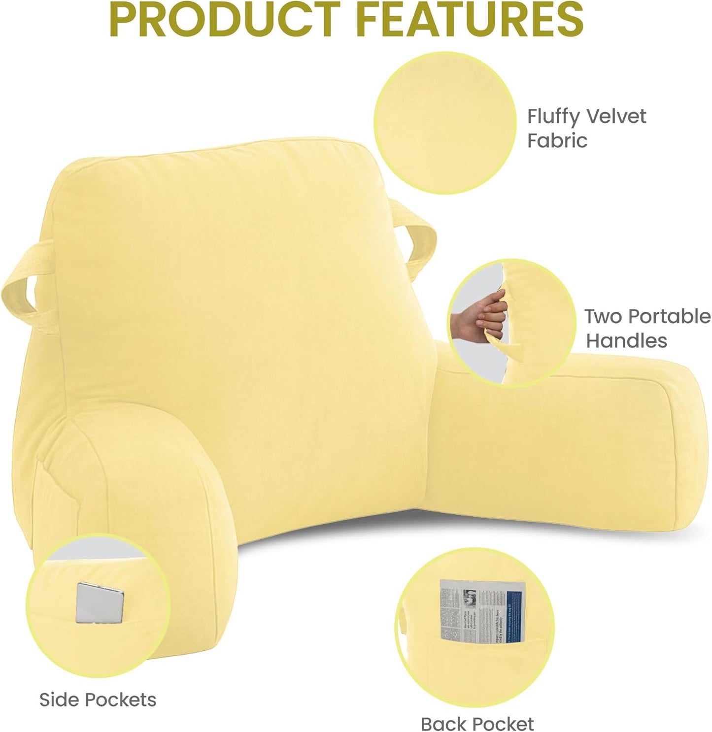 Portable Comfy Reading Pillows for Bed Sitting Up(Yellow Oeko-Tex), Velvet Back Pillow with Arms & Pockets for Adults, Support Memory Foam Bed Pillow for Dorm/Reading/Watching/Gaming