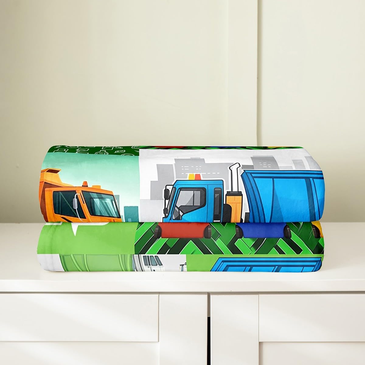 Garbage Truck Flannel Blanket 40"x50" Warm Lightweight,Cartoon Car Waste Truck Bed Sofa Couch Blankets,Trash Can Patchwork Fuzzy Blanket Room Decor,Green Blue Breathable Flannel Plush Blanket