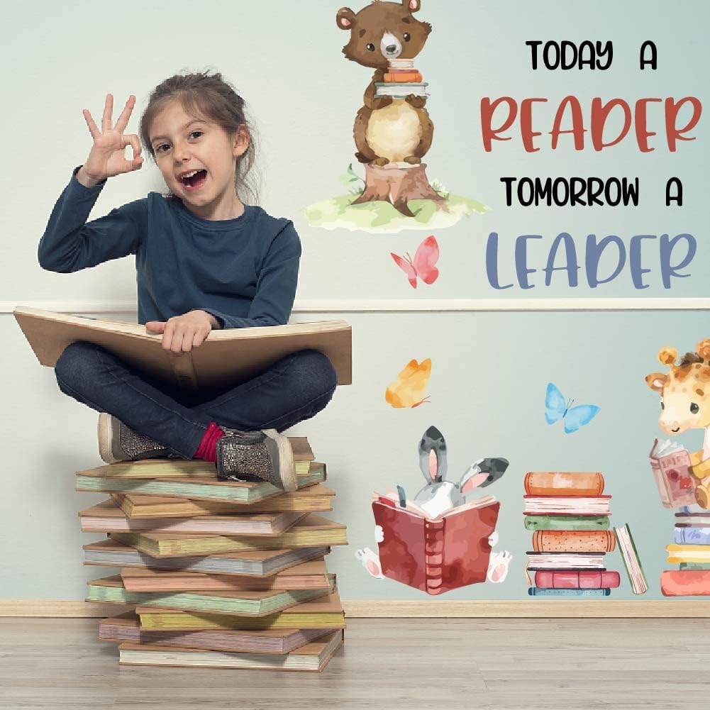 SUPERDANT Animals Reading Book Wall Sticker Inspirational Wall Decal Peel and Stick Classroom Vinyl Art Decals Read Corner Decor for Nursery Library Kids Room Study Room Decoration Back to School