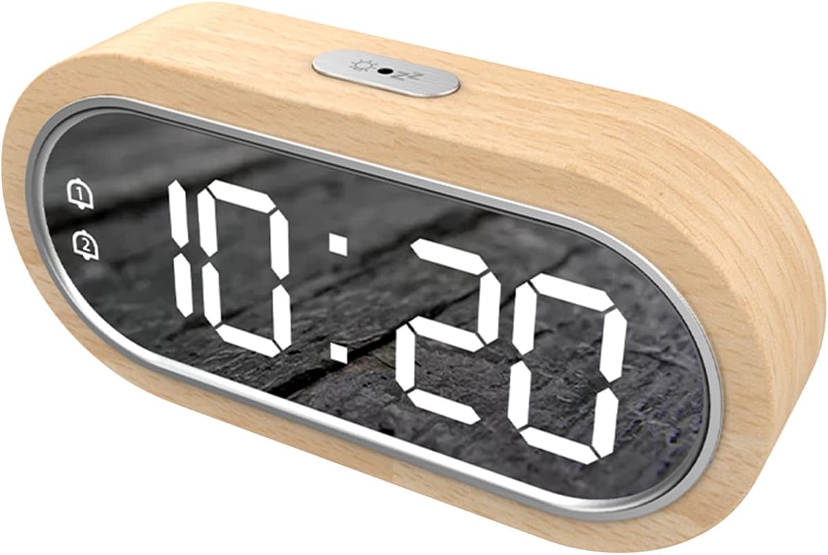 LANRU Beech Wood Digital Clock Dual Alarm Snooze USB Alarm Clock Table Thermometer Electronic LED Wooden Desk Clock 4-Level Brightness for Living Room Office