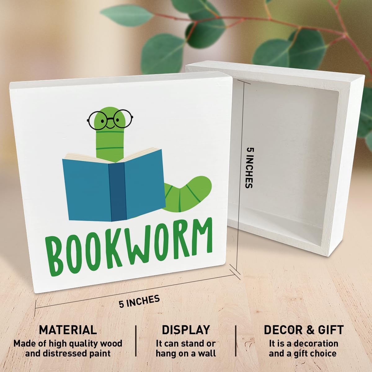 Bookish Bookworm Wood Box Decor Accessories Sign for Home Library Cafe Bedroom Bookshelf, Book Lovers Gifts for Women Bookish Reader Bookworm