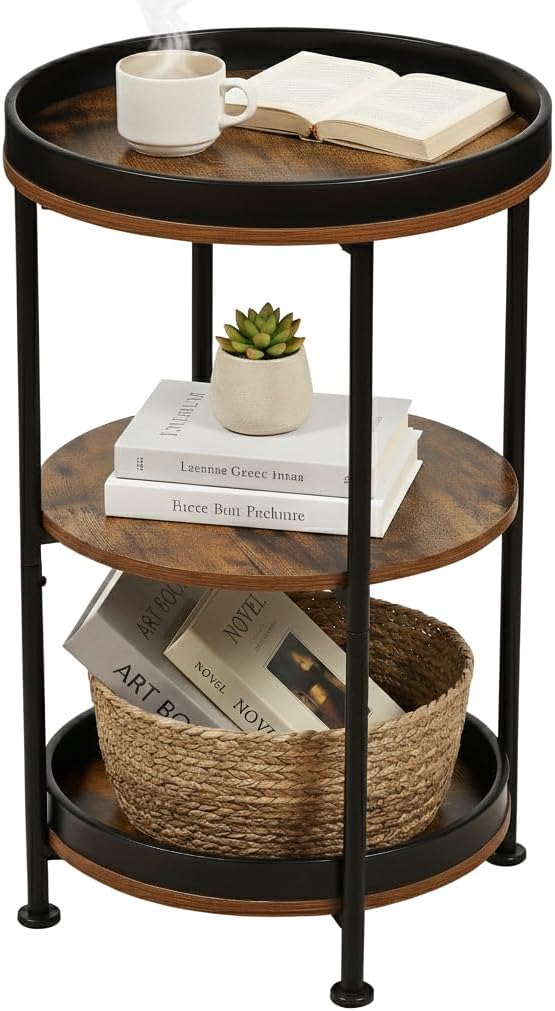 Dulcii Side Table, Round End Table with 3 Storage Shelves for Living Room, Bedroom, Nightstand with Steel Frame for Small Spaces, Industrial Round Sofa Table, Outdoor Accent Coffee Table, Rustic Brown