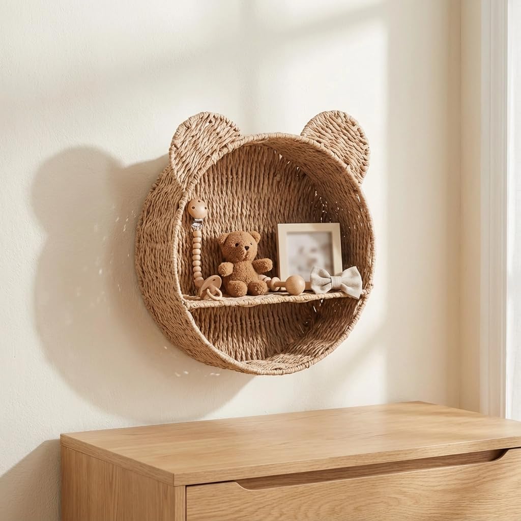 Bear Nursery Decor Wall Shelf, Handwoven Wicker Nursery Shelves for Wall, Wall Mounted Nursery Bookshelf for Small Books, Toys & Decor