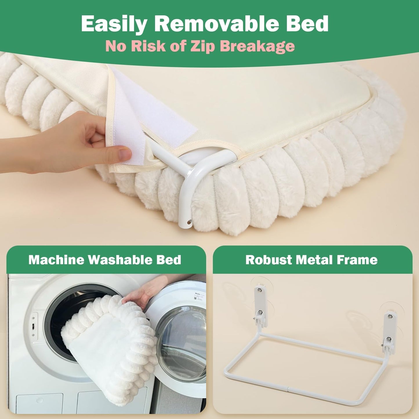 Zakkart SnugCloud Foldable Cat Window Perch - Cordless, Ultra Soft Machine Washable Bed with 4-Sided Bolster, Metal Frame - Window Hammock for Large Cats and Kittens (Cream White, Medium)