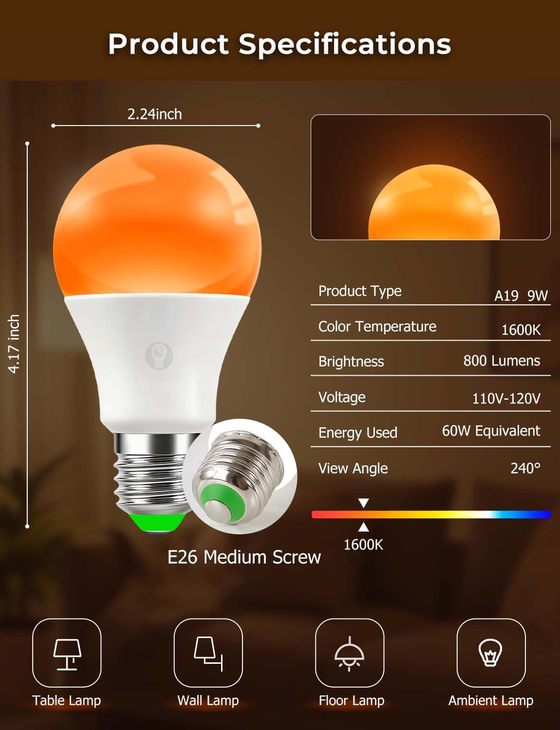 Amber Sleep Light Bulbs 1600K with Remote Control, E26 Blue Light Blocking A19, 9W for Sleep Therapy, Baby Nursery, Bedroom (4 Packs)