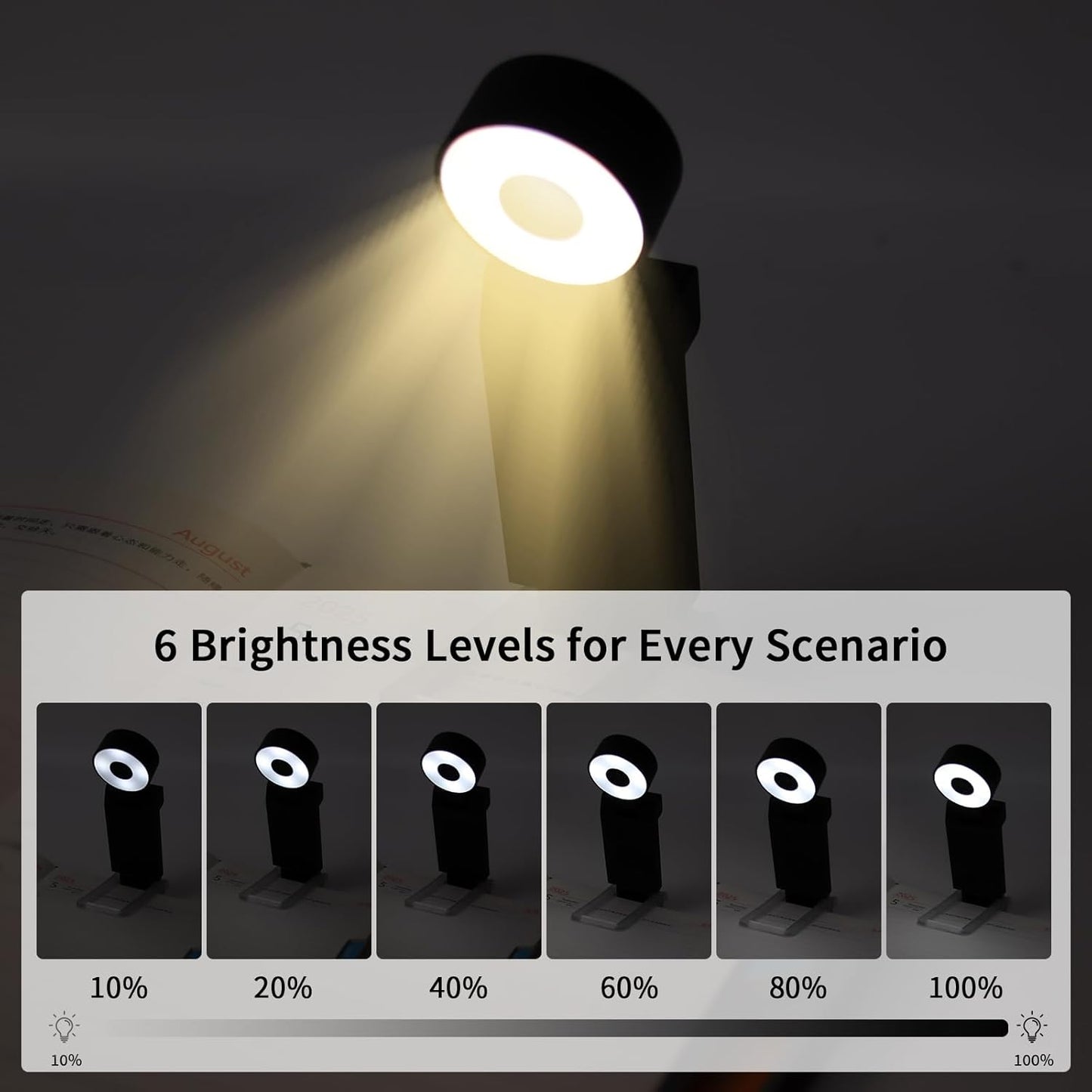 Book Light,USB Rechargeable Clip-On Reading Light,30 Adjustable Modes,Eye-Caring,Flashlight with Timer, Perfect for Book Lovers/Travel(Black, Round)