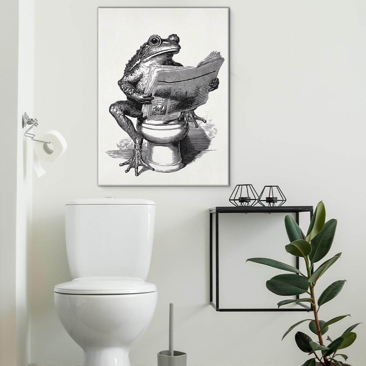 Funny Retro Toad Bathroom Wall Art Decor Toad Reading Newspaper on Toilet Print Picture Funny Animal Bathroom Wall Decor 11x15 Inch Canvas Framed
