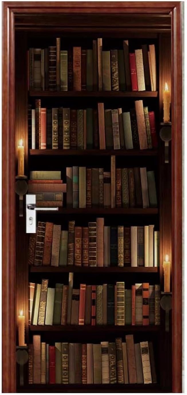 3D Door Stickers for Interior Doors Mysterious Old Library Bookshelf with Candle and Books Vinyl Waterproof Self Adhesive Door Mural Decals for Bedroom Office Bathroom 90 x 200cm