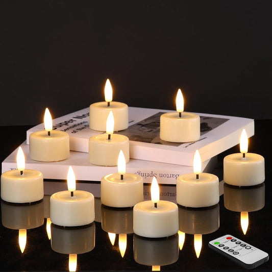 Eywamage Ivory Flameless Wax Tealights with Remote Batteries, Flickering Realistic LED Tea Votive Candles Set of 10
