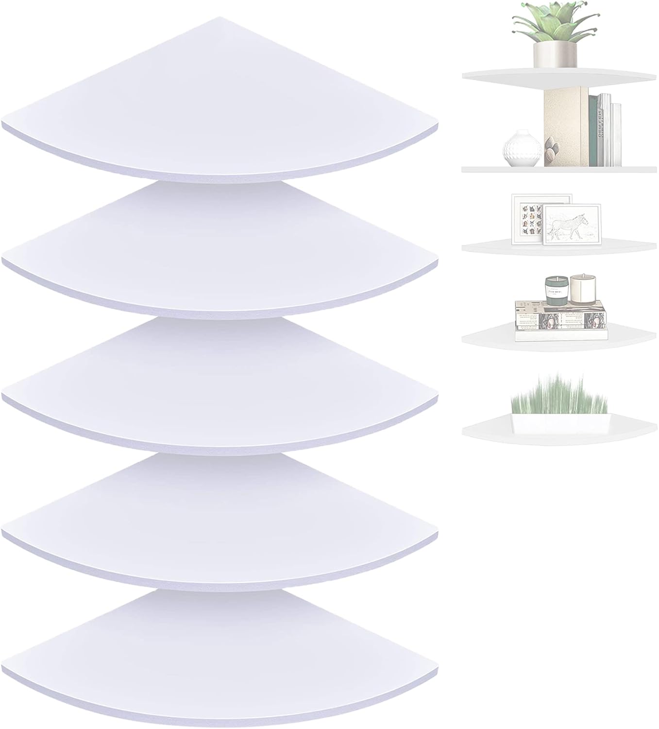 Set of 5 Pieces Corner Mounting Shelf with White, Wood Floating Wall Mounted Storage Shelf for Living Room, Bathroom, Bedroom, Kitchen, Office