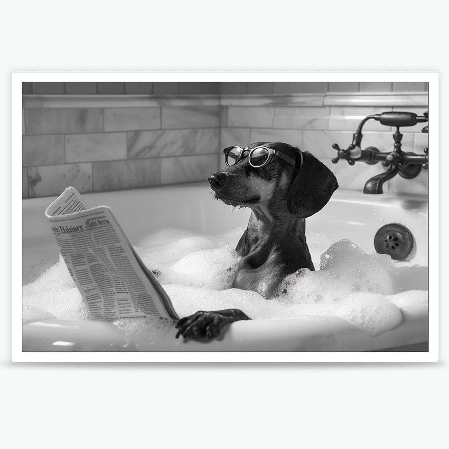 Funny Dachshund In Bathtub Wall Art Dog Reading Newspaper In Bubble Bath Poster Trendy Black And White Hilarious Animals Canvas Posters For Bedroom Dorm Hotel Aesthetic Decor 12x16in Unframed