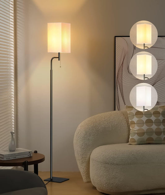 Modern Floor Lamps with 3 Color Temperatures, Minimalist Pole Lamp with Square Linen Shade & Flat Base for Living Room, Bedroom, Office or Kids Room