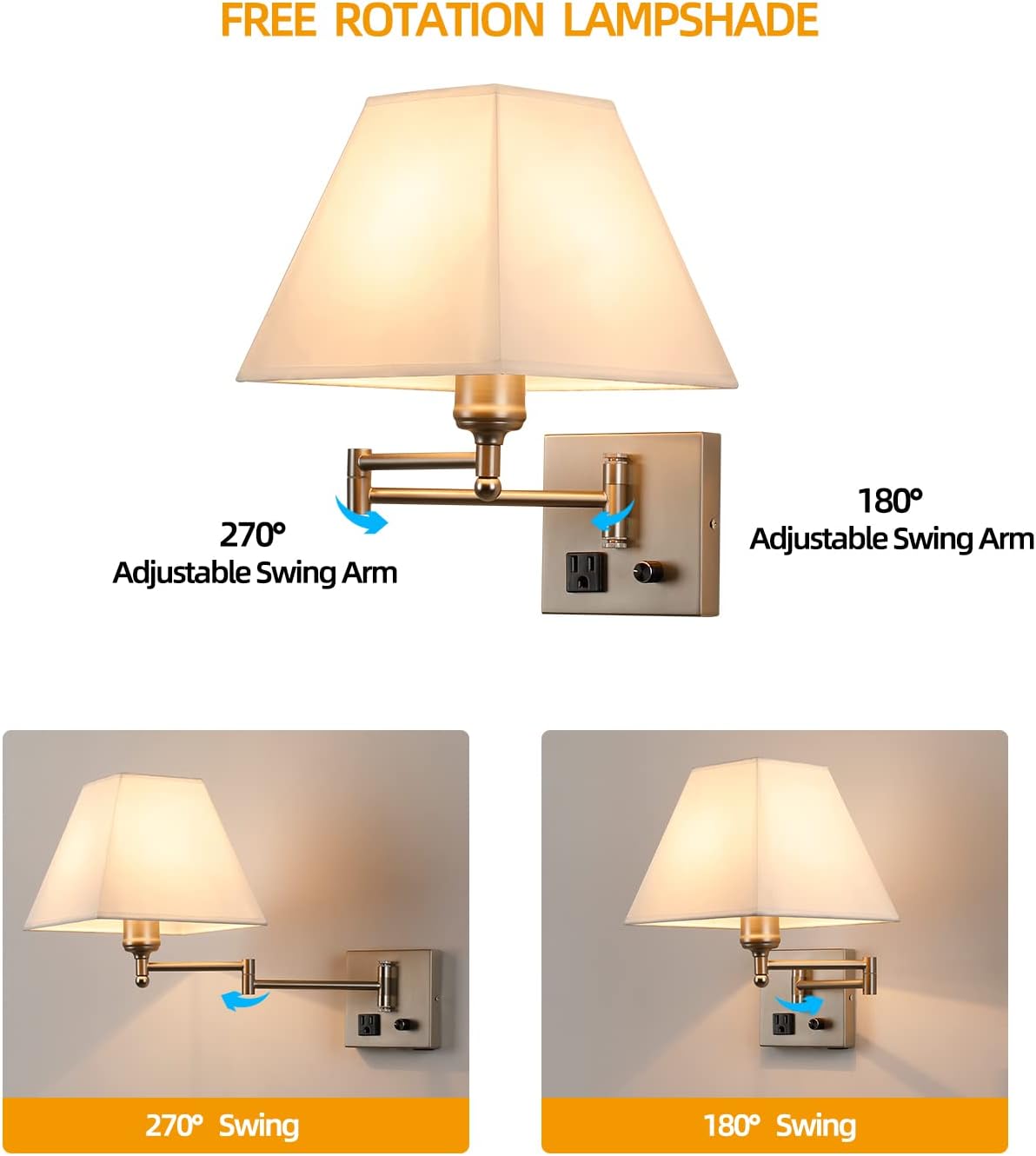 Plug in Wall Light,Swing Arm Wall Sconces with USB Port and Outlet,Wall Lamp with White Fabric Shade Dimmable Switch for Bedroom, Living Room , Office Nickel