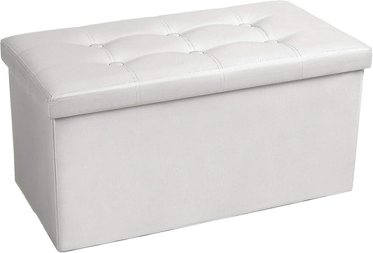 COSYLAND Ottoman Bench with Storage - 30x15x15in Folding Leather Ottoman, Rectangle Foot Stool Foldable Storage Chest Footrest Footstool Collapsible with Lid for Bedroom Living Room White