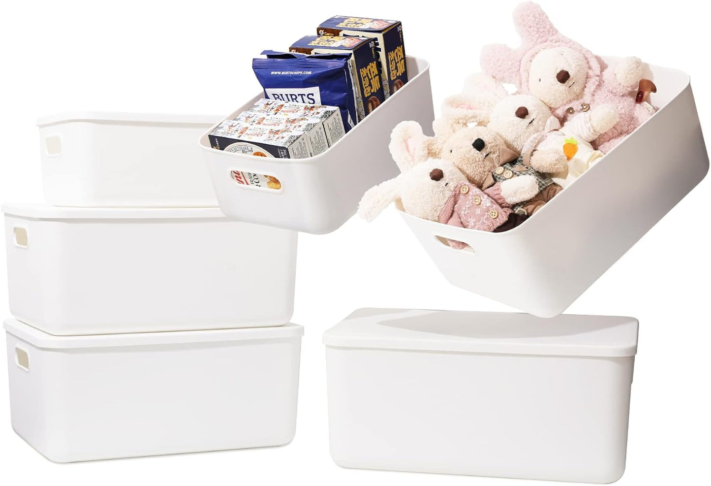 Plastic Storage Baskets Bins Boxes With Lids,Organizing Container White Storage Organizer Bins For Shelves Drawers Desktop Playroom Classroom Office,6-Pack(4M+2S)