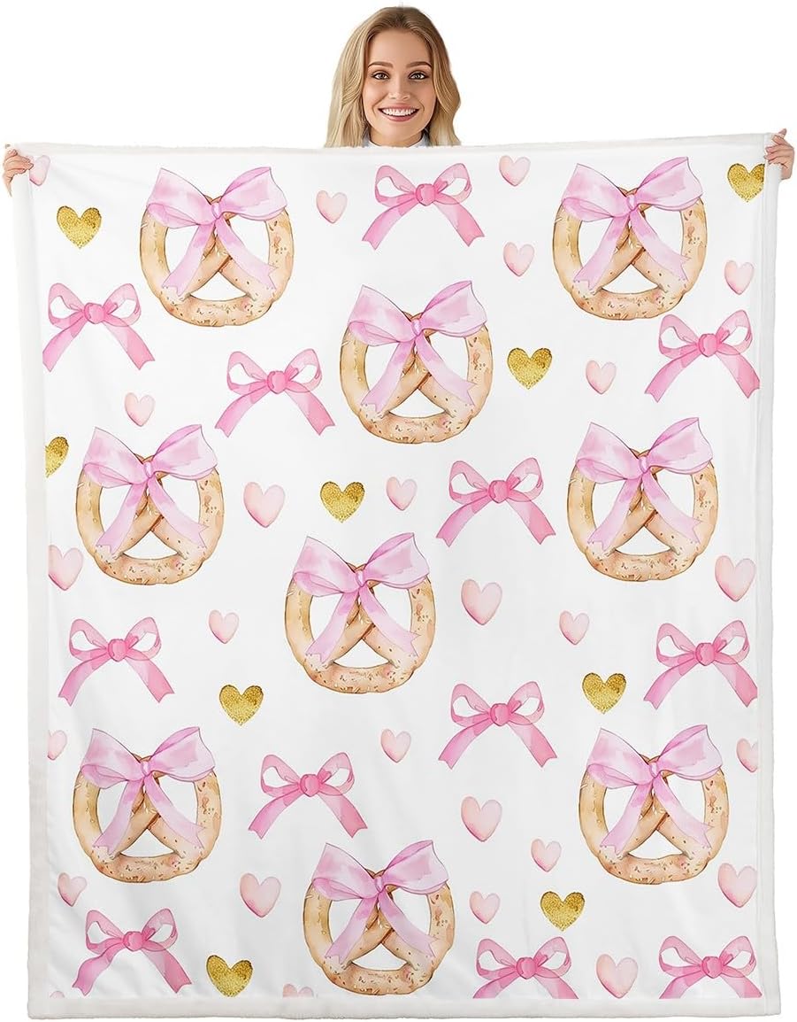 Erosebridal Pink Ribbon Bow Blanket Throw,Sweet Pretzel Bowknot Blankets Throws for Girls Kids,Cute Pink Bowtie Fleece Blanket 30"x40",Kawaii Bows Princess Decor for Girls Bed Sofa Couch