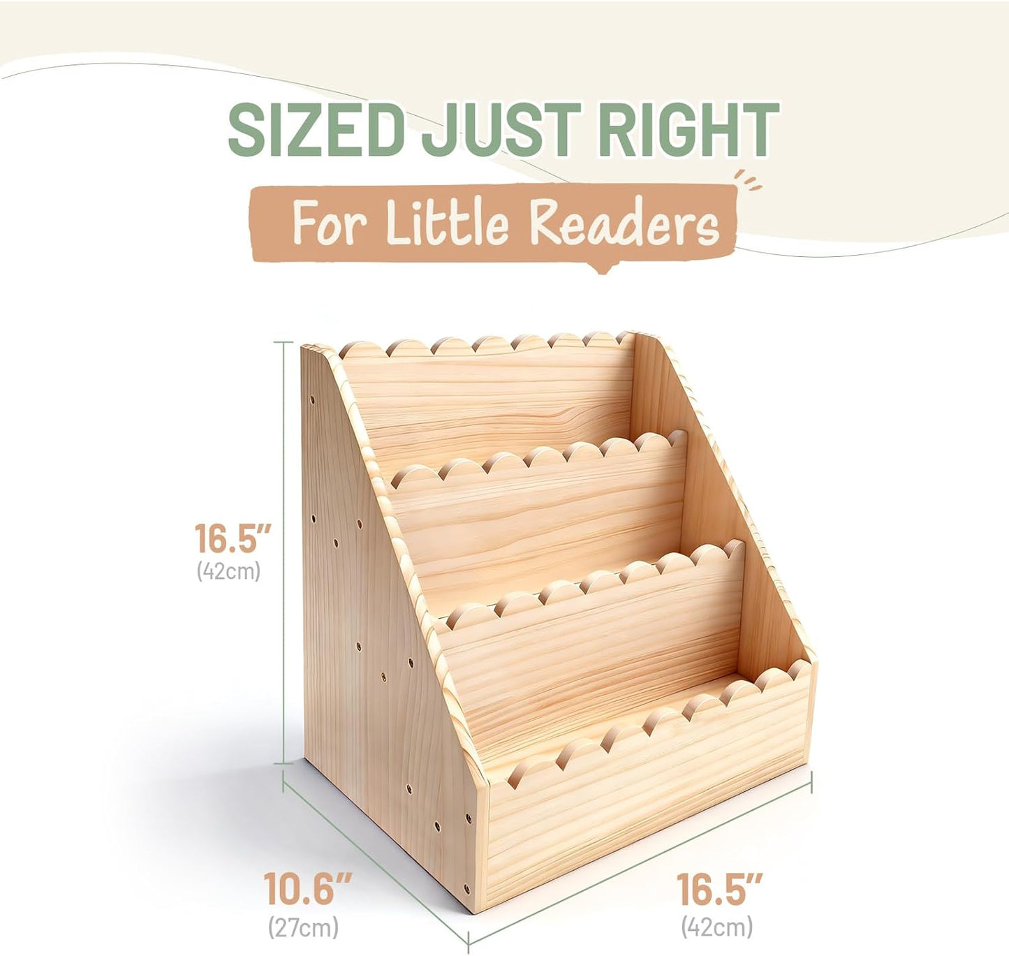 Scalloped Kids Book Shelf, Montessori 3-Tier Wooden Toddler Bookshelf for Ages 1–5, Nursery & Kids Room Bookshelf, Safe & Sturdy Playroom Book Shelf, Natural Wood