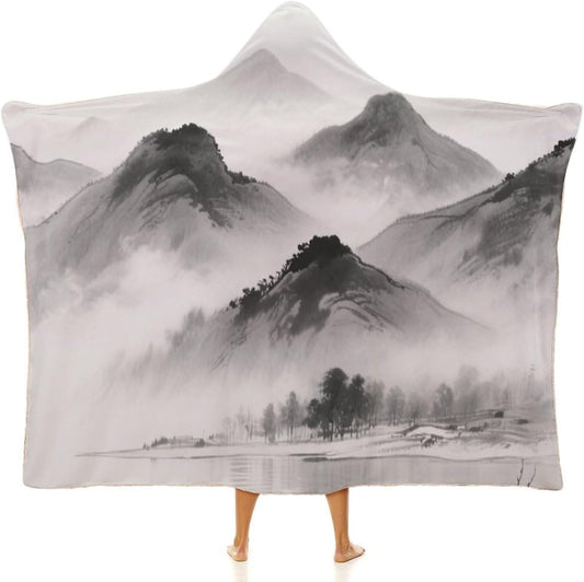Ink Painting Landscape Wearable Hoodie Blanket for Women Men Fleece Blanket with Hood Oversized Warm Cozy Gifts