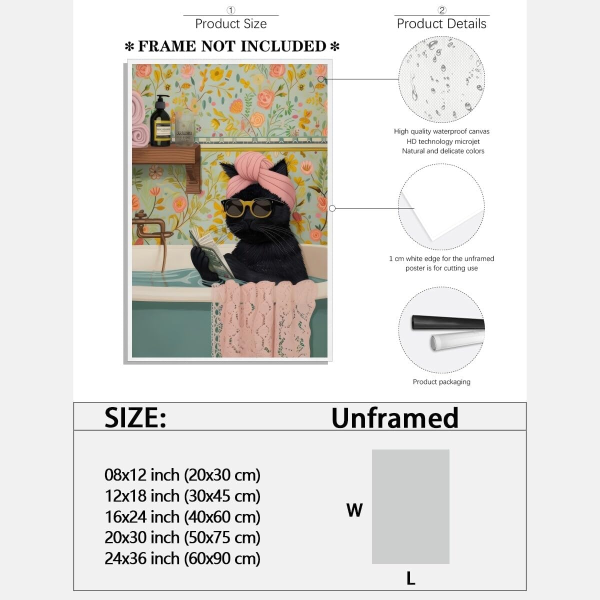 Funny Black Cat Bathroom Canvas Wall Art Cute Cat Reading a book in the Bathtub Poster Print Eclectic wall Decor Trendy Home Aesthetic Bathroom Toilet Decoration Unframed12x18inch