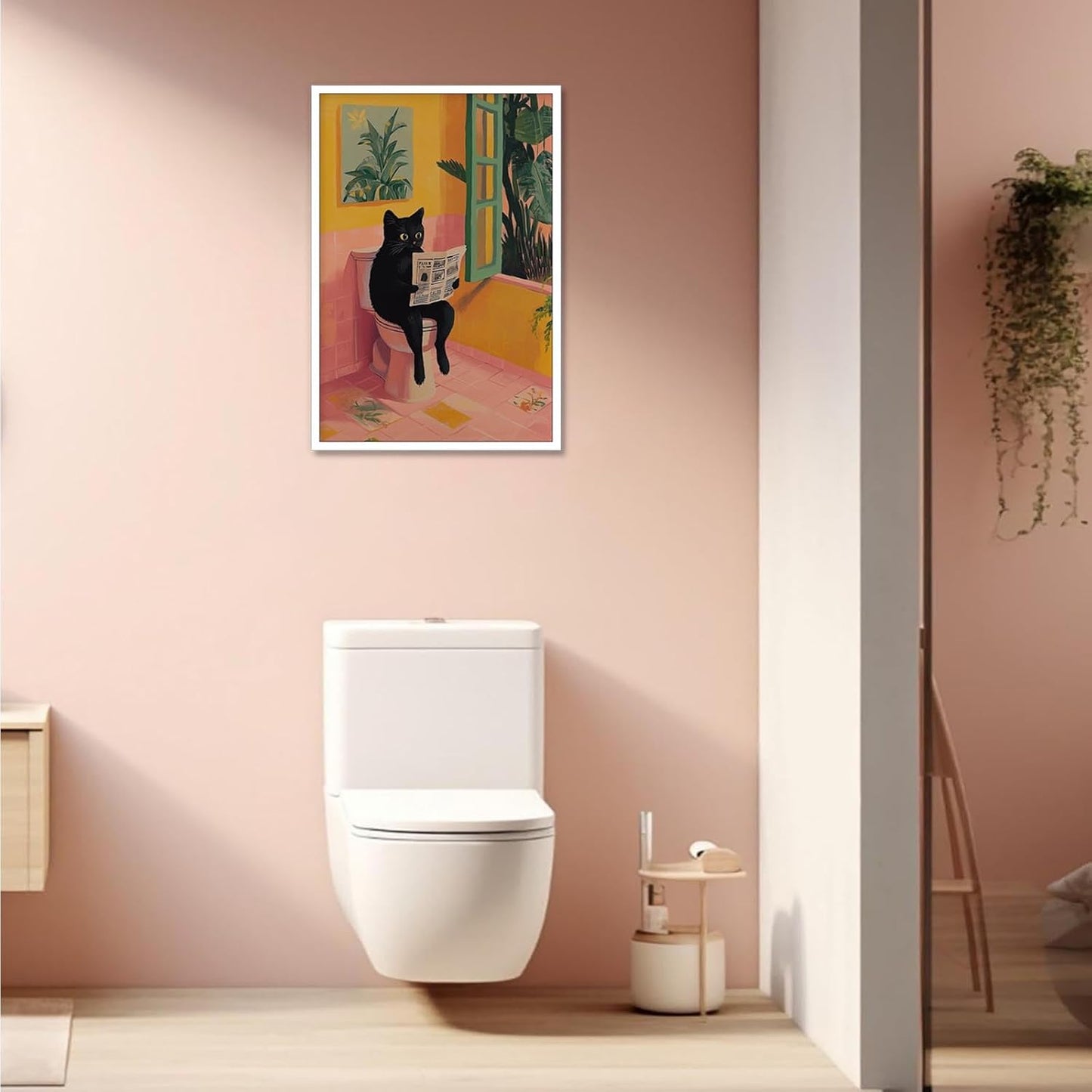 Vintage Funny Black Cat Reading Newspaper Posters Cute Animal Sitting On Toilet Canvas Wall Art Pink Yellow Bathroom Botanical Prints Painting For Home Bedroom Dorm Wall Decor 8x12in Unframed