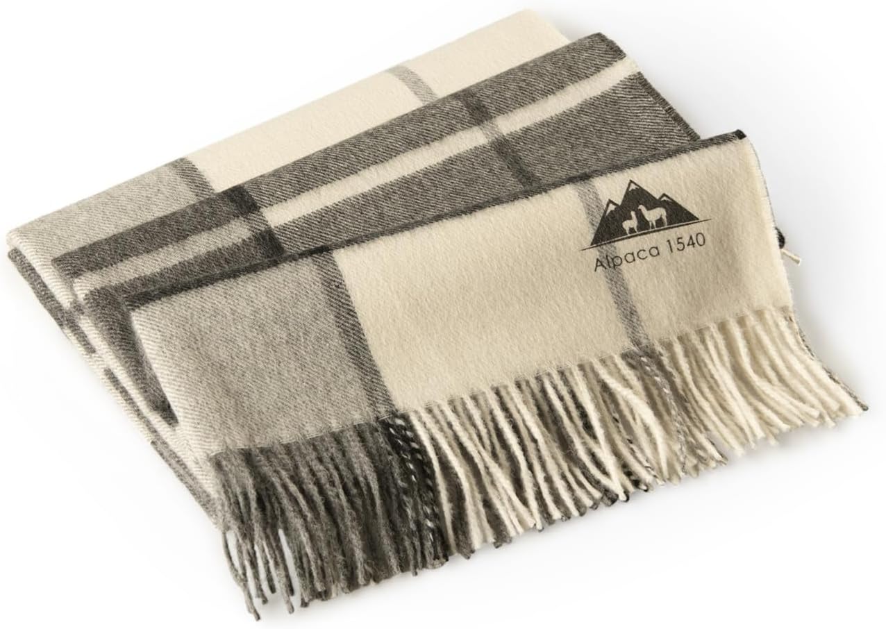 Alpaca Blanket – Soft, Luxurious Lightweight Baby Alpaca Wool Blanket – 71” x 51” – Hypoallergenic Throw Blanket – Made in Peru (Charcoal Gray Plaid)