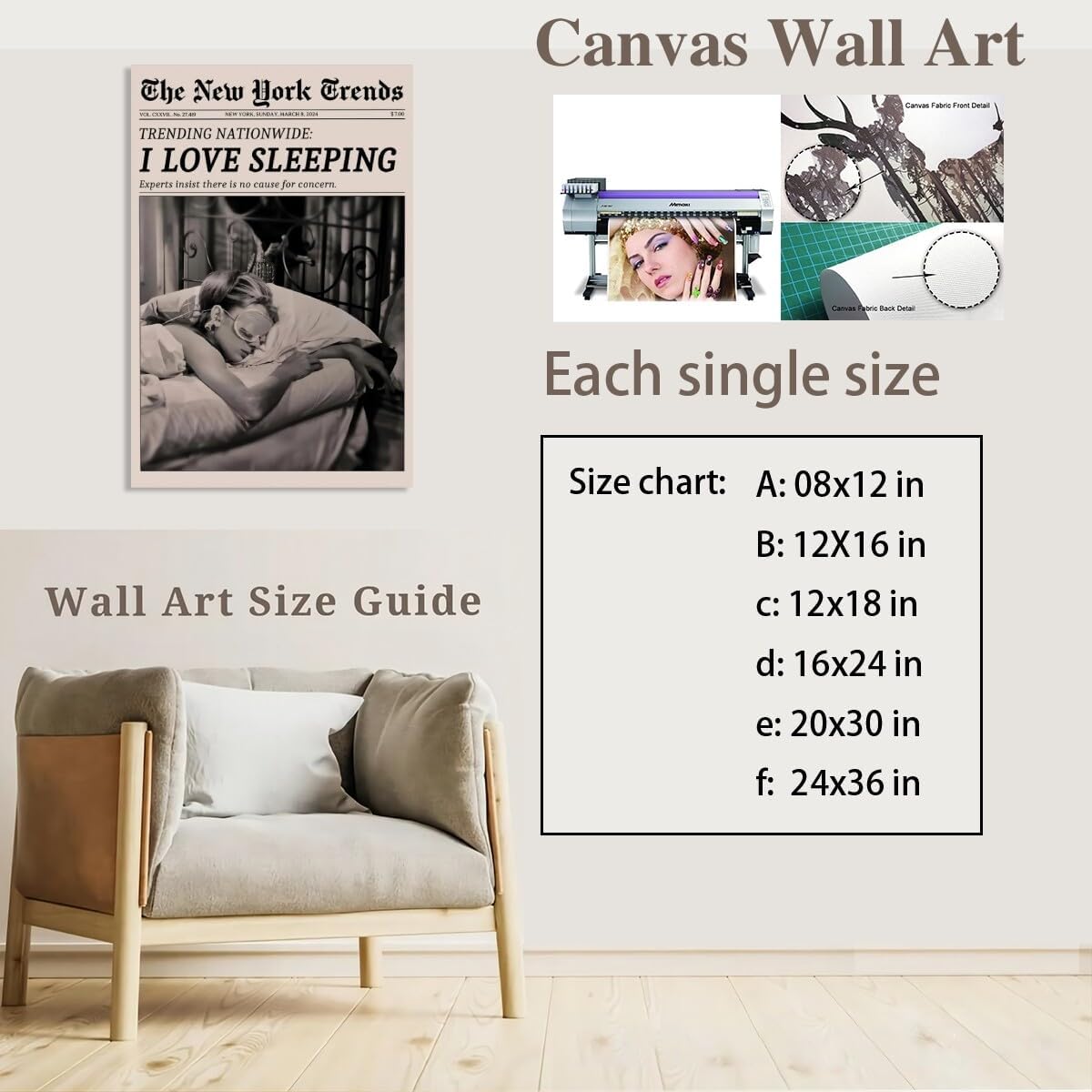 Retro Newspaper Wall Art Vintage Feminist Aesthetic Poster Black and White Canvas Print Funky Girl I Love Sleeping Art for Women Girly Bedroom Dorm Wall Decor 8x12inch Unframed