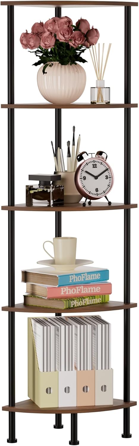 5-Tier Corner Shelf Stand, 52" Industrial Corner Display Rack for Living Room, Bookshelf, Tall Display Shelf, Plant Stand, Storage Standing Shelf for Bedroom, Bathroom, Kitchen, Brown
