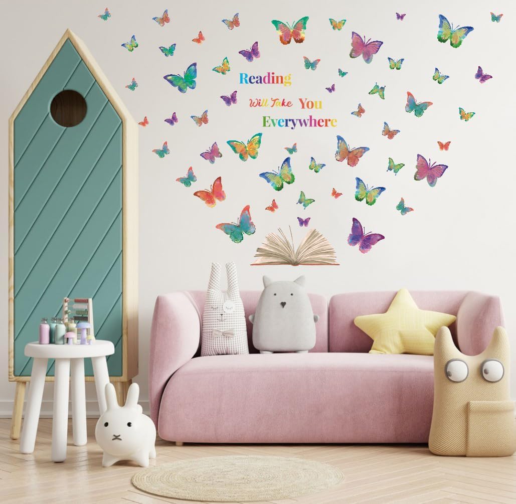 OLMIXA Colorful Butterfly Reading Book Wall Decal, Reading Will Take You Everywhere Inspirational Quote Stickers, Vinyl Butterfly Book Wall Art for Classroom Library Playroom Decor