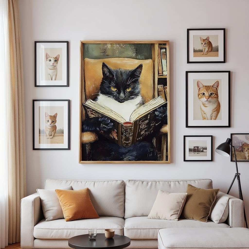 Heltrappe Funny Tuxedo Cat Reading Book Wall Art Poster Vintage black cat Painting library reading nook Book Room Dark Academia Aesthetic Kitten Art Wall Decor 08x10in Unframed