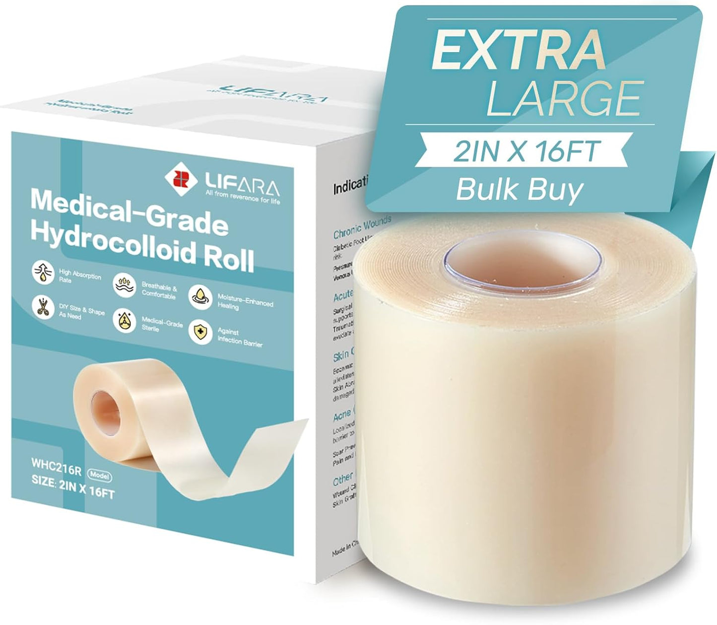 LIFARA Hydrocolloid Roll for Wound Care - Cut-to-Size, Hydrocolloid Patch Bandages with Self-Adhesive, Ultra Absorbent & Waterproof, First Aid Kit Essential (11.8mil/ 0.3mm Thickness, 2in*16ft)