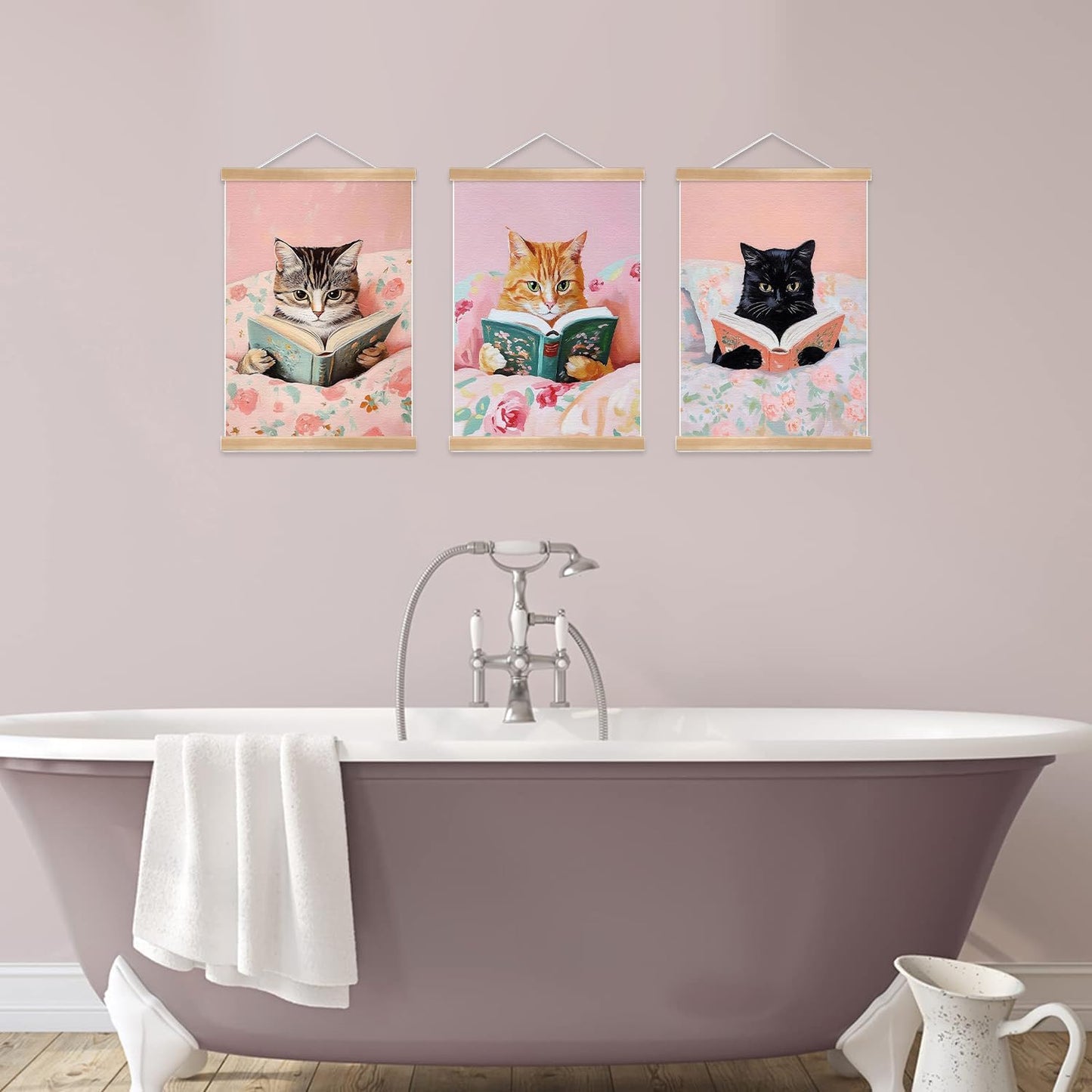 Funny Cat Canvas Wall Art Set of 3, Pink Cute Cat Lovers Wall Decor Paintings,Vintage Cats Posters Prints Pictures For Nursery Girls Room Bedroom Kids Room Girls Study Room 12x16 Inch Framed