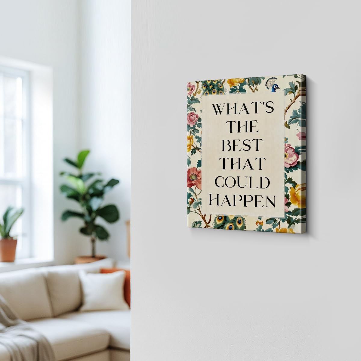 WOXZQ What's The Best That Could Happen Quote Wall Art Inspiarational Vintage Floral Print Motivational Modern Wrapped Canvas Poster for Bedroom Living Room Office Decor 8x10 Inch