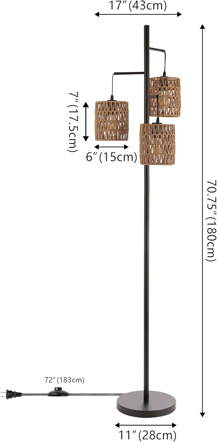 JONATHAN Y 70.75" Black 3-Light Bohemian LED Floor Lamp, Mid-Century Modern Standing Light with Natural Rattan Lantern Shades for Living Room, LED Bulbs Included JYL1150A